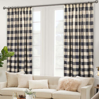 Blue and Cream Checked Taped Curtain (Unlined)
