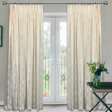 Load image into Gallery viewer, Cream Circular Pattern Double Pinched Pleat Taped Curtains (Lined)